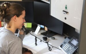Person at desk talking on office phone