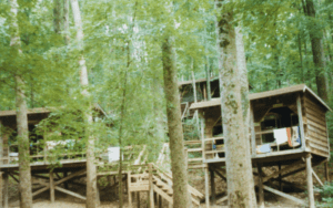 Elevated cabins in a wooded area.