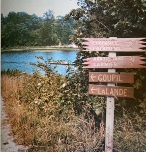 Lake trail signpost with directions.