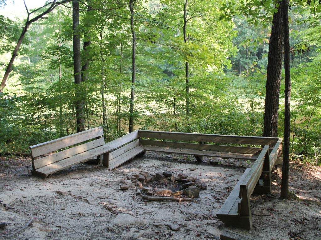 Wooden benches around a fire pit in a forest.