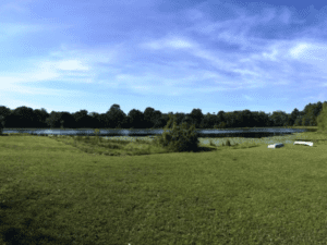 Green grassy field with a lake.