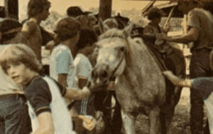 Children around a light brown horse.