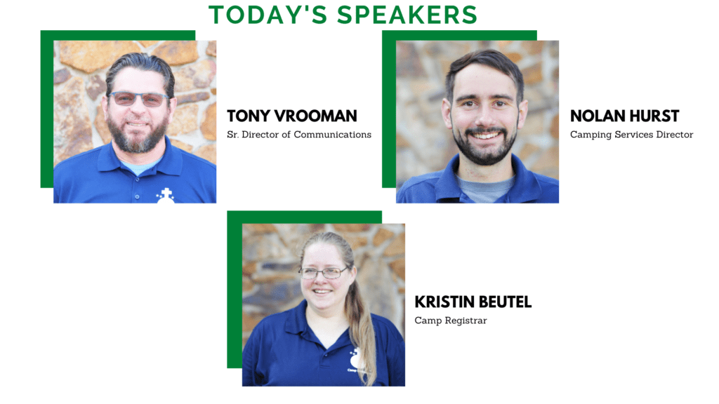 Three smiling speakers at a camp.