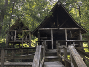 Two wooden cabins in a forest with a walkway.