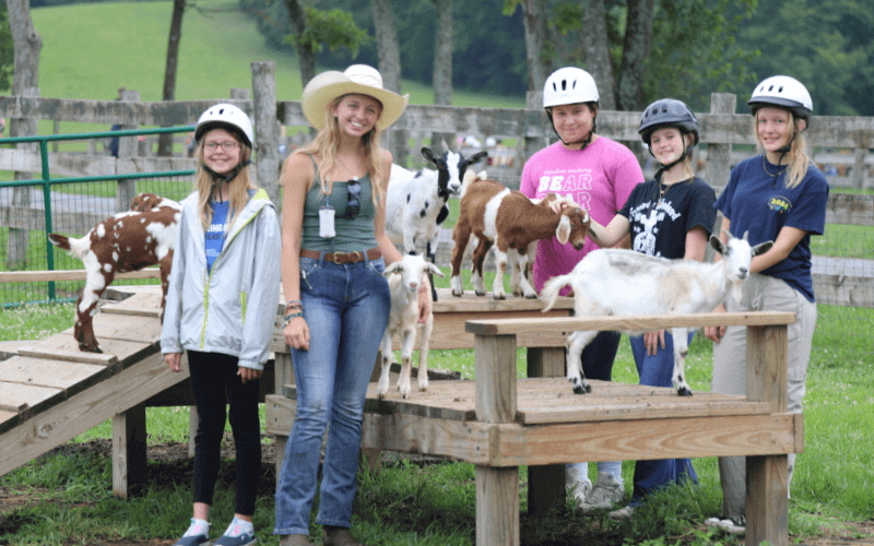 Girls petting goats at a farm.