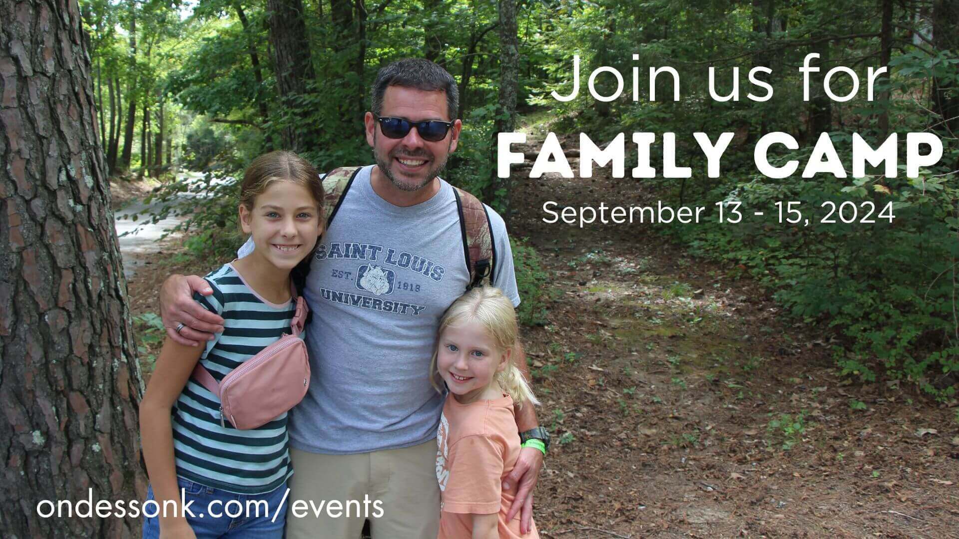 Smiling family on trail with Family Camp overlay