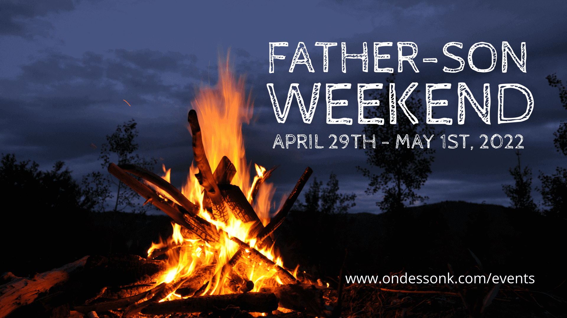 A campfire with the words father son weekend.