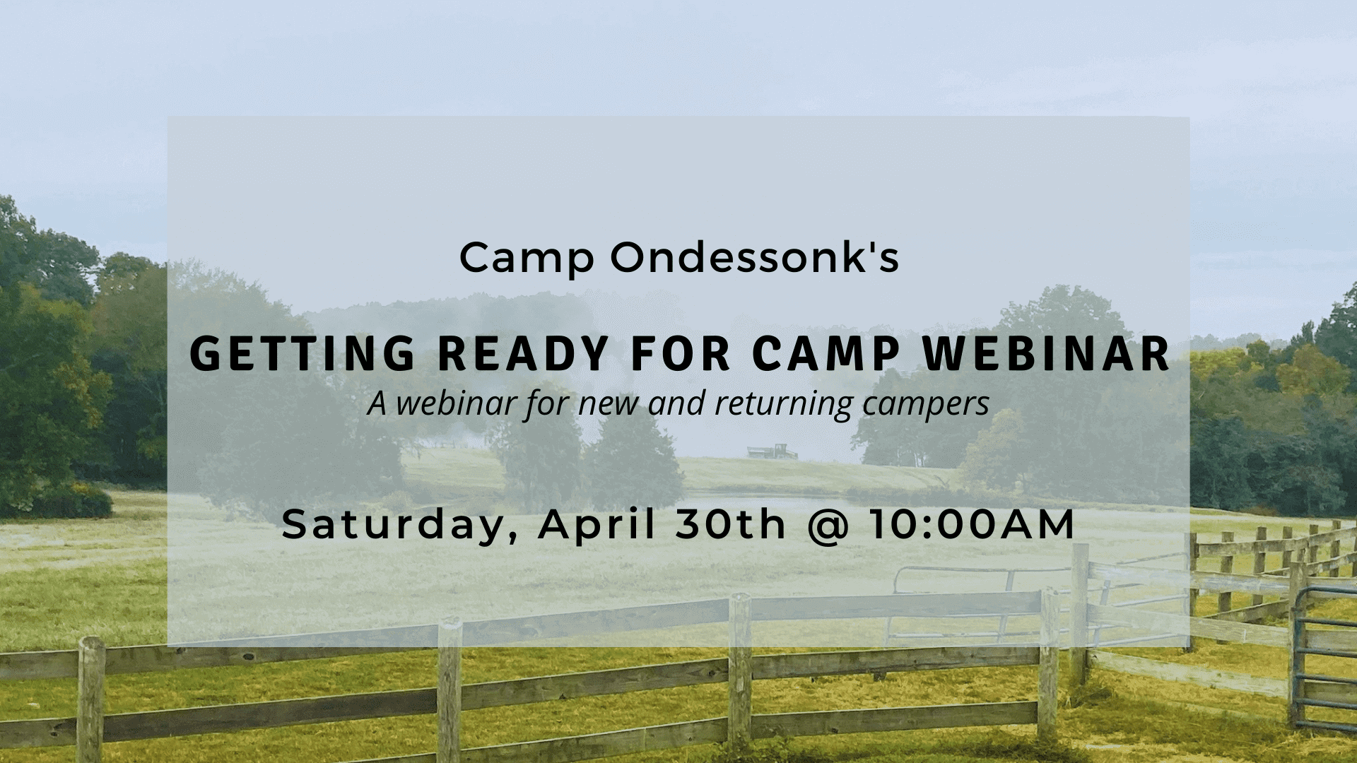 Camp webinar announcement over pastoral field