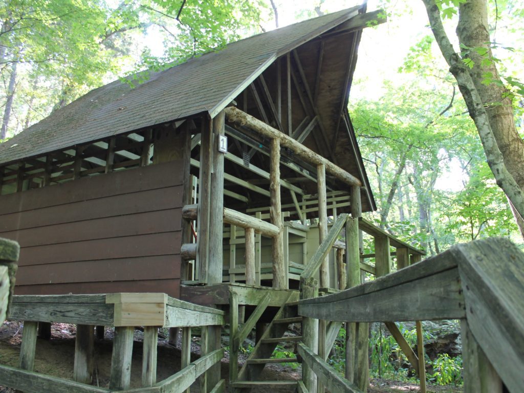 Wooden cabin with stairs in the woods.