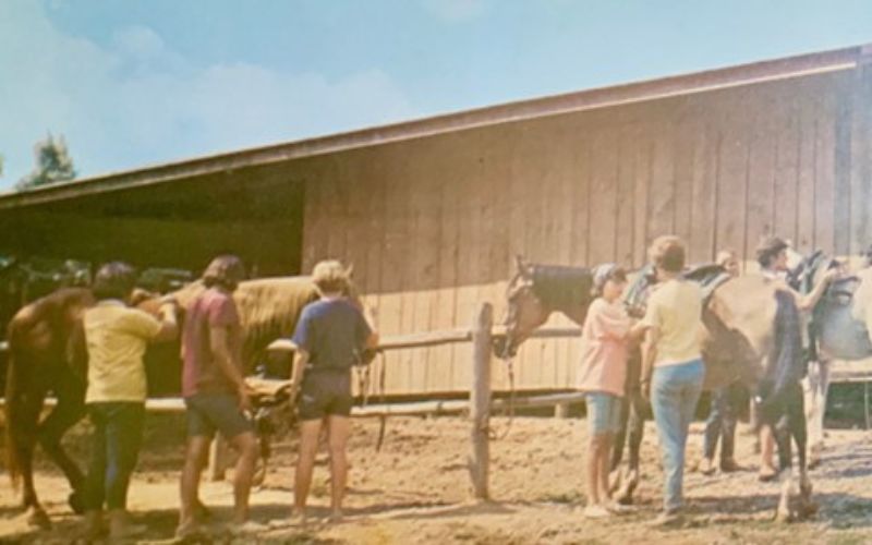 People grooming horses near a barn.