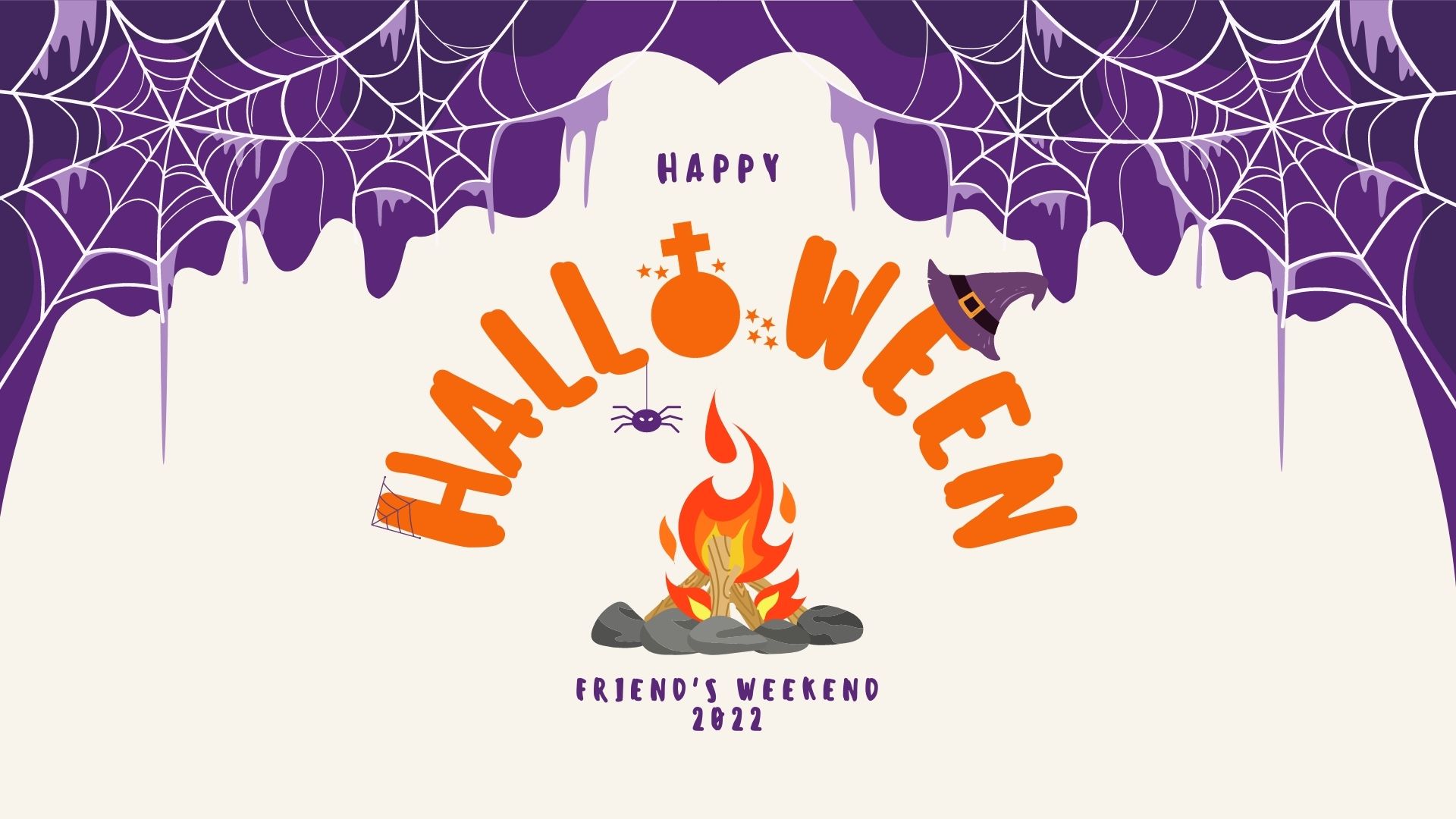 A halloween banner with a spider web and a fire.