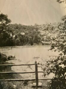 Black and white photo: wooded area and pond.