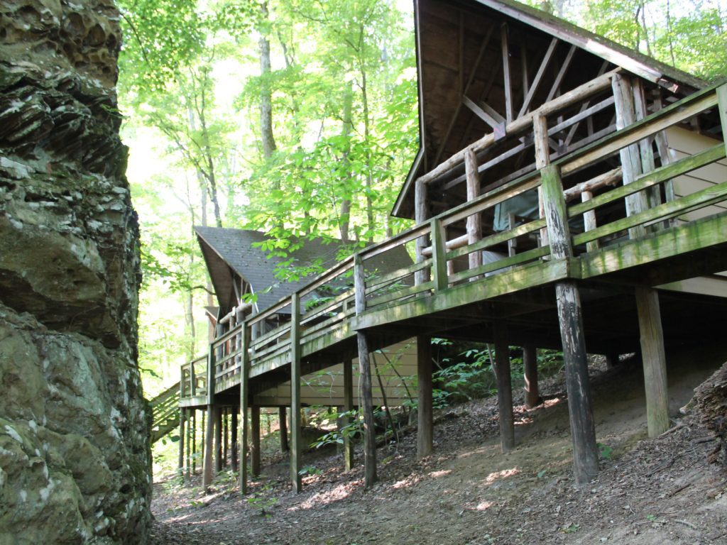 Elevated cabin nestled in the woods.