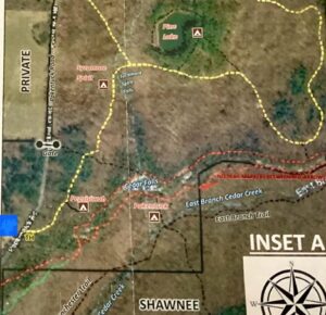 Map of Shawnee with trail markers and campgrounds.