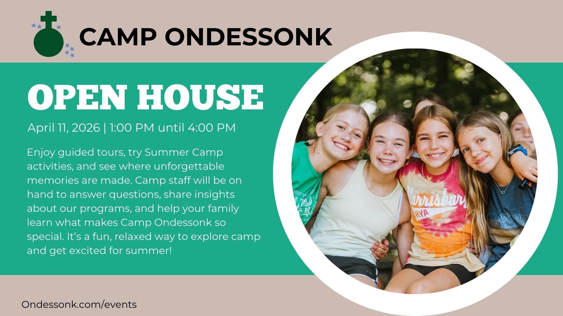 Camp Ondessonk open house flyer with smiling children