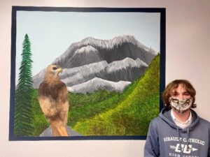 A painting of a hawk in a mountain scene.