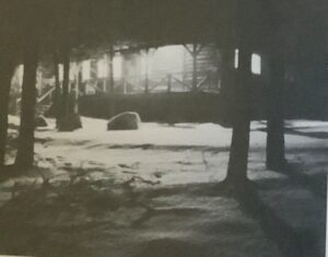 Black and white photo: bridge and snow.