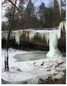 Frozen waterfall and icicles in winter.