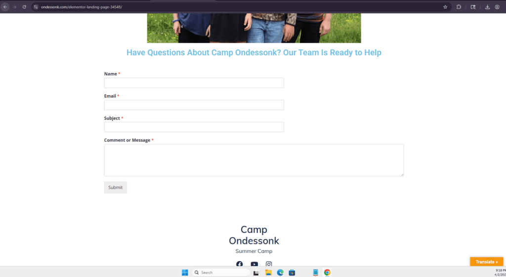 Contact form on Camp Ondessonk webpage