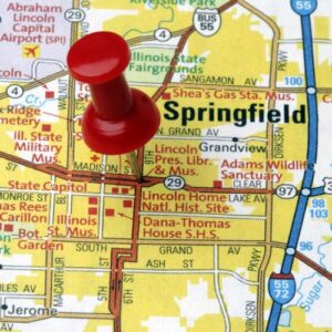 Red push pin on Springfield map.