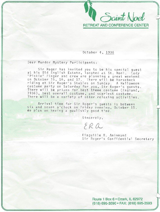 Invitation to Sir Roger's Murder Mystery Weekend.