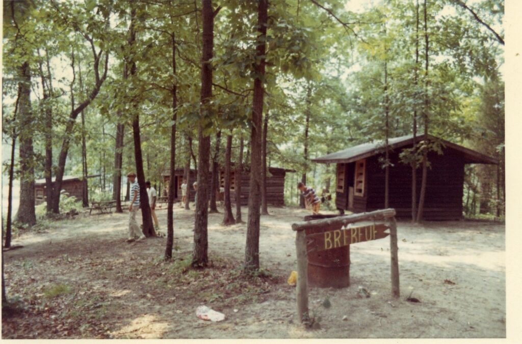 Wooded campsite with log cabins and people