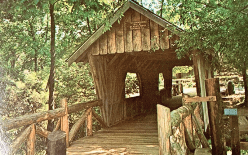 Wooden covered bridge in woods.