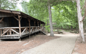 Rustic cabin with wooden porch in woods.