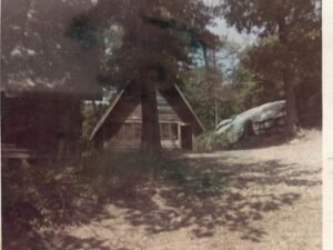 A-frame cabin in the woods.