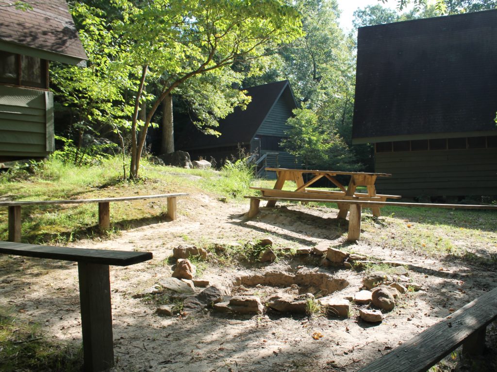 Picnic table and fire pit at a cabin.