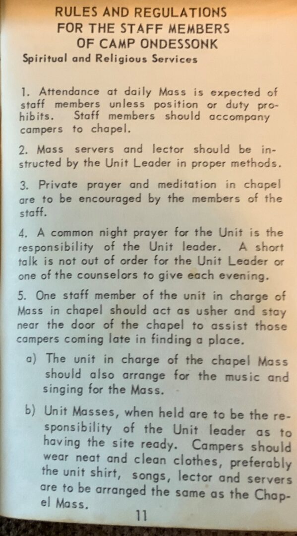 Camp Ondessonk staff rules and regulations.