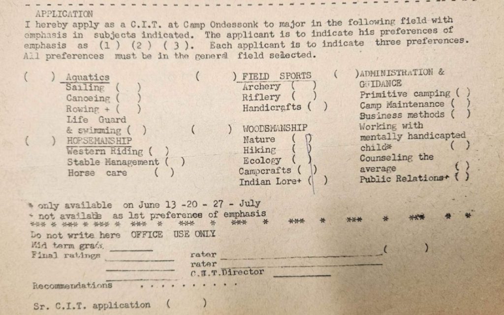 Camp Ondessonk application form.