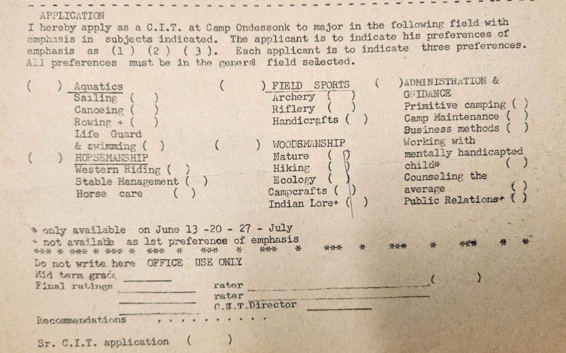 Camp Ondessonk application form.