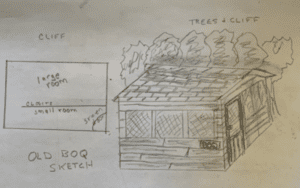 Hand-drawn sketch of a cabin by trees.