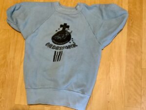 Light blue sweatshirt with black logo.