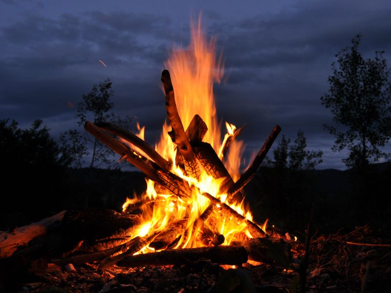 Campfire burning in the dark night.