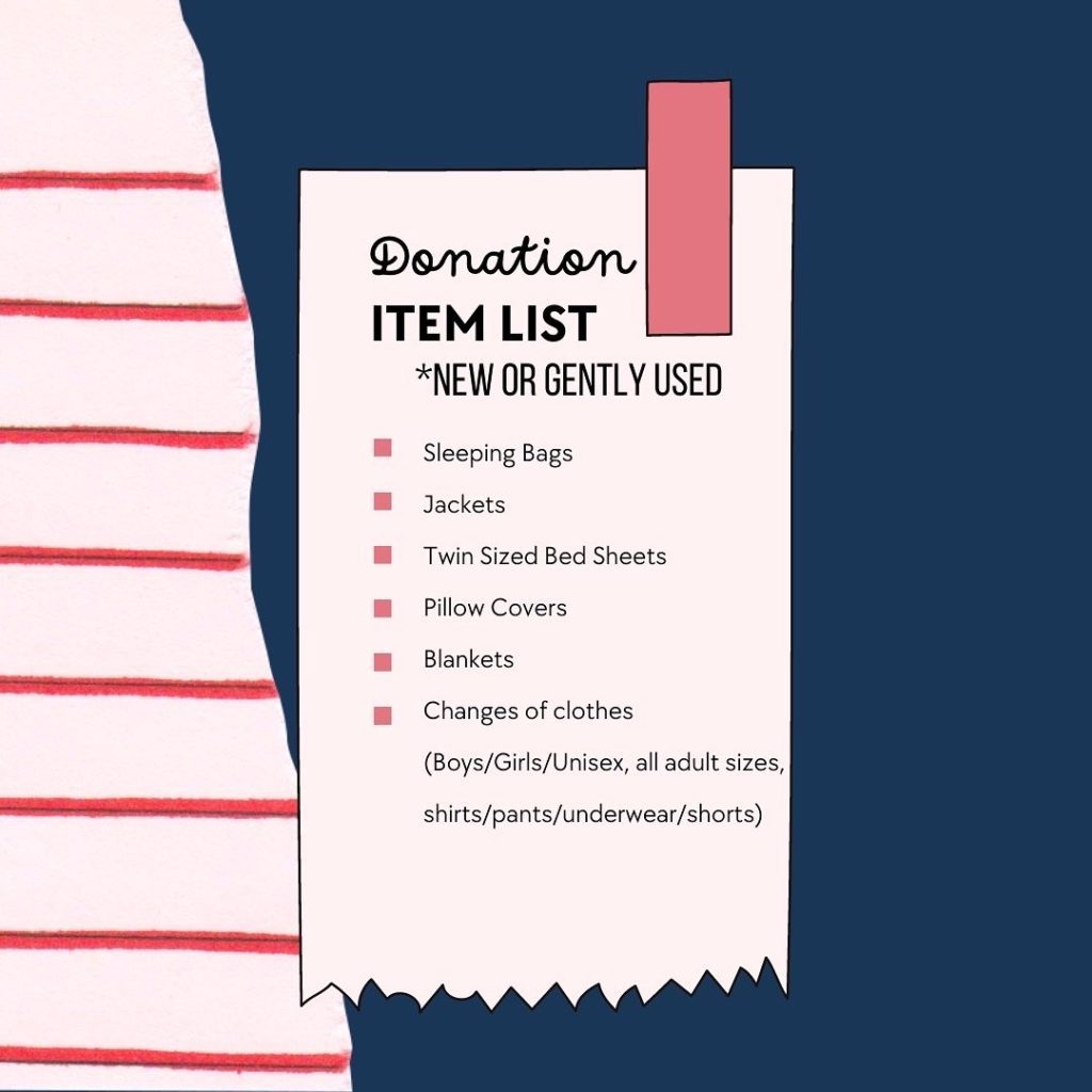 A donation item list for the Health Center, including a red and white striped shirt.